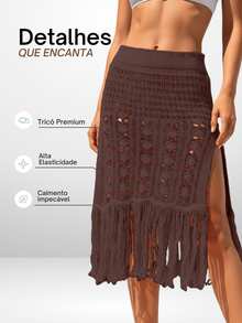 Saia Saida de Praia Feminina Elegante Verão Franja Tricot Vazado Croche Cintura Alta Fenda Piscina - Marrom - Visão 5