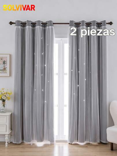 2 Piezas Cortinas Opacas con Patrón de Estrellas - Perfectas para Habitación Infantil, Dormitorio y Sala - Crea Ambiente Cómodo y Romántico para un Sueño Profundo