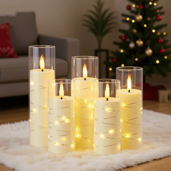 Flameless LED Candles, Set Of 5, Flickering Warm Light, & Romantic Ambiance, Home Garden Patio Yard Outdoor Decoration, Crystal Clear Acrylic Shell With Embedded Star String Lights