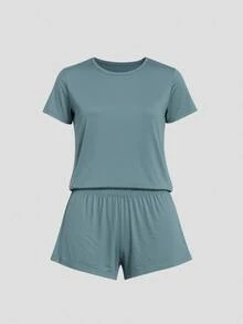 Women's Comfortable Plain Short-Sleeved Suede Short Doll Pajamas - Màu xanh bụi bặm - Xem 3