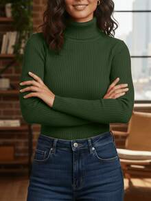 Elegant Women's Turtleneck Ribbed Long Sleeve Winter Cold Weather Casual Thermal Knit - 墨綠色 - 查看 5