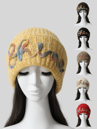 1pc Women's Thick Knit Beanie Hat With Letter Embroidery, Windproof Cycling Warm Woolen Cap, Autumn/Winter