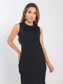 Women's Long Sleeveless Dress With Pockets And Side Slit, Elegant, Casual, Cotton - 黑色 - 查看 8