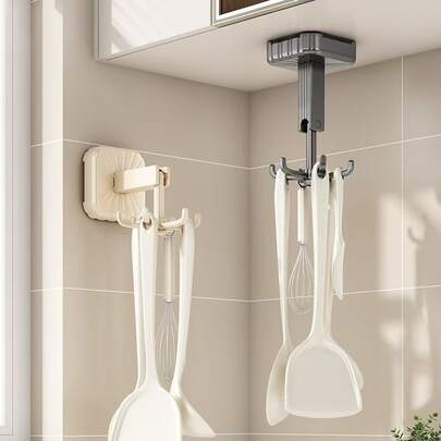 1pc Suction Cup Kitchen Storage Rack Rotating Hook Wall-Mounted Kitchenware Storage Rack Spatula Spoon Shovel Non-Drilled Rack