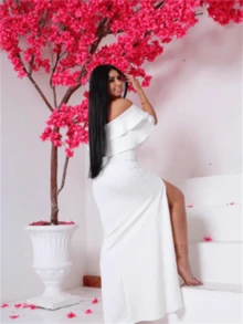 Formal Dress, Off-The-Shoulder, Thigh-Split Panty Dress-Up. - 白色 - 查看 2