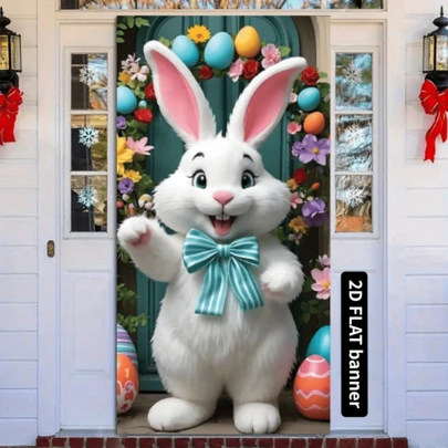 1pc 2D Easter Door Flag, Vibrant Rabbit Wreath Pattern Porch Sign Party Banner, Easter Decor Gift, Polyester Fabric, Suitable For Spring Farmhouse Home Front Door Hanging Decor, Photo Backdrop