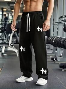 Skyrend 1pc Men's Cross Print Loose Casual Sports Pants, Drawstring Elastic Waistband, Street Style Loose Fit With Pockets Grunge - Black - View 6
