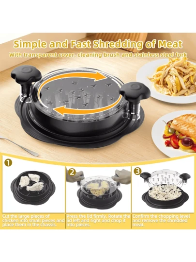 Desmenuzadora de pollo, desmenuzadora de pollo con tapa transparente para exhibición, picadora de carne con base antideslizante, desmenuzadora de pollo apta para lavavajillas.
