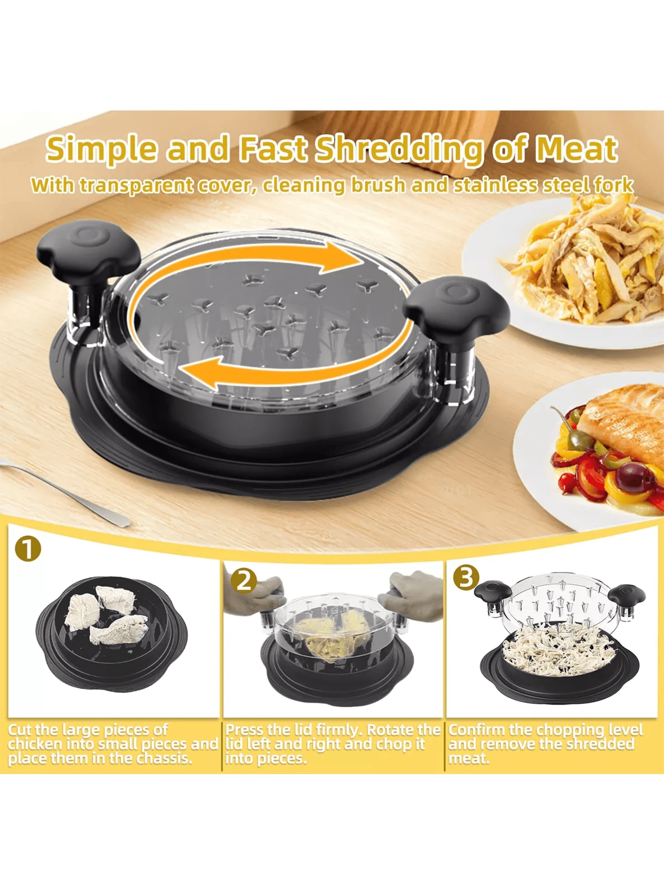 Desmenuzadora de pollo, desmenuzadora de pollo con tapa transparente para exhibición, picadora de carne con base antideslizante, desmenuzadora de pollo apta para lavavajillas. - Negro - Ver 1