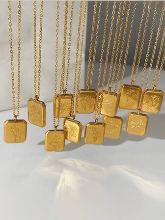 1 pieza Collar colgante cuadrado de acero inoxidable dorado con diseño de flor de nacimiento de diciembre para mujeres - Joyería de moda de lujo para mujer, adecuada para uso diario y de fiesta