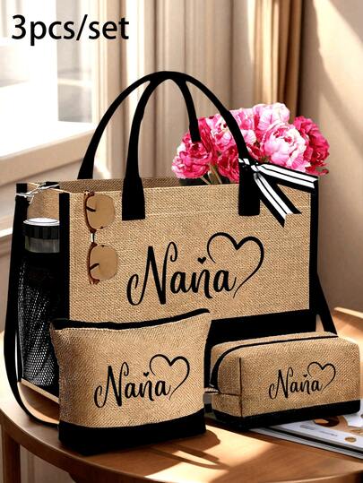 Juego de 3 piezas de bolso de lino Nana, con diseño de carta de amor Nana, bolso de moda, billetera, acento de lazo con estampado de leopardo, bolso de gran capacidad, bolso de hombro multifuncional, organizador de viaje, regalo perfecto para vacaciones, cumpleaños, Navidad, otoño/invierno
