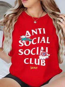 Playful Cartoon Crocodile With Wings And Cloud Riding Character Expressing Quirky Anti Social Club Attitude Women's 100% Cotton Tshirt - 紅色 - 查看 6