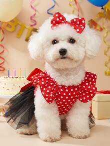 Christmas Pet Costume - Red & Polka Dot Tulle Dress With Puffy Sleeves, Button Closure, Elegant Holiday Outfit For Small Dogs & Cats Adorable Red Dog Dress With Breathable Tulle Skirt - Easy-Pull Head Design For Spring Summer Outfits, Puppy Party Costume For Small Medium Large Dogs - 黑紅 - 查看 1