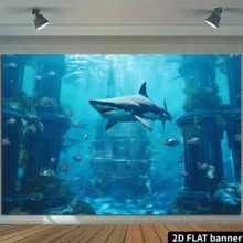1 pieza de fondo fotográfico plano 2D de mundo submarino con tiburón para fiesta de cumpleaños, decoración de banner, decoración multiusos, regalo festivo, material de poliéster, sin necesidad de energía eléctrica. - Celeste - Ver 5