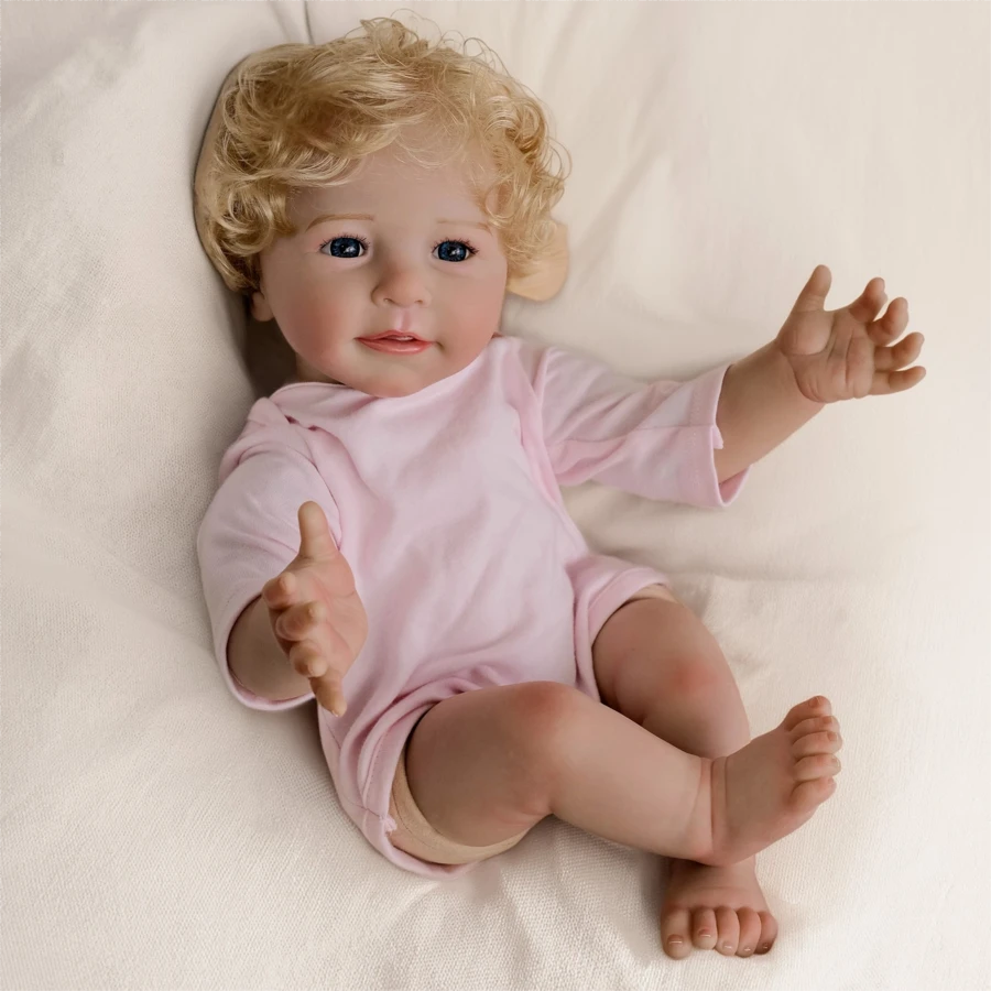 22" Realistic Handmade Vinyl Wearing Pink Reborn Doll With Rooted Hair, Cloth Body Doll Not Washable, Lifelike Collectible Companion Toy (Includes Random Pacifier, Bottle, Diaper) - As Shown - View 1