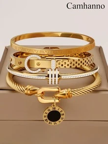 Camhanno 4pcs Exquisite And Fashionable Stainless Steel Bracelet Set, Elegant, Is The Perfect Choice For Showcasing Charm On Dates - Multicolor - View 10