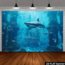 1 pieza de fondo fotográfico plano 2D de mundo submarino con tiburón para fiesta de cumpleaños, decoración de pancarta, decoración multiusos, regalo festivo, material de poliéster, sin necesidad de energía eléctrica. - Azul menta - Ver 13