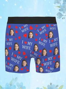1pc Customized "I Love My Wife" & Explosive Photo Print Men's Underwear, Casual Boxer Briefs, Breathable Stretchy Boxer Shorts As Husband/Boyfriend Holiday/Valentine's Day Gift - Blue - View 3