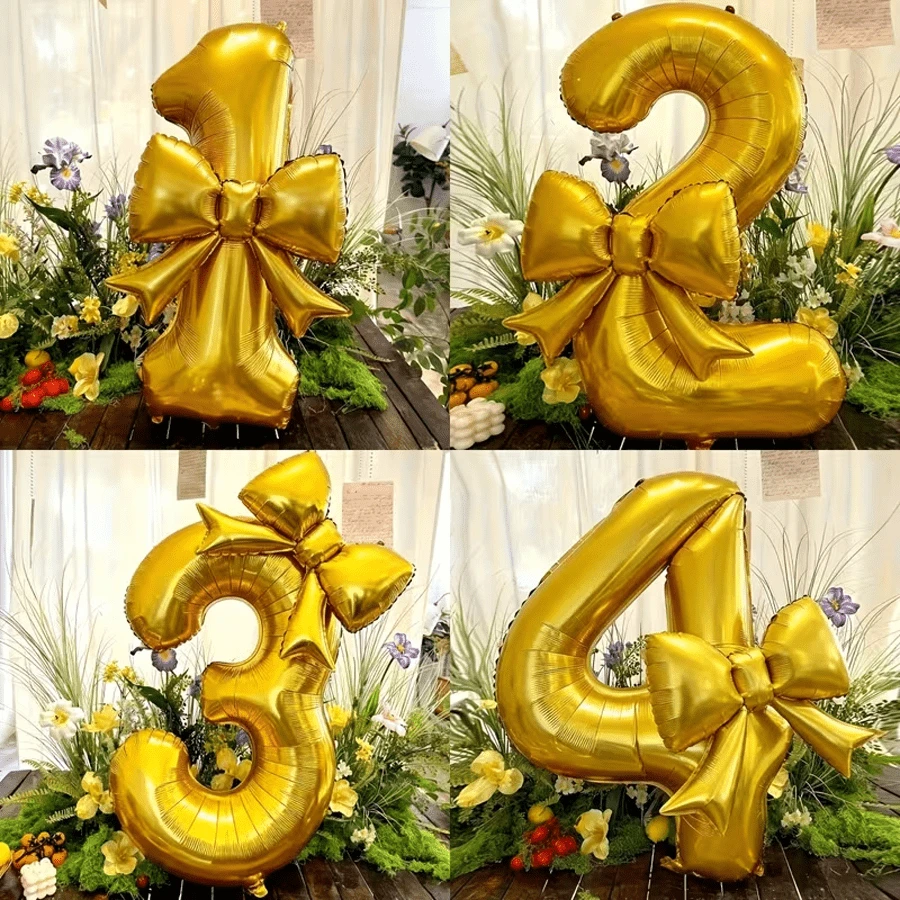 2个/套 32英寸粉色数字造型铝箔气球，带哑光蝴蝶结装饰，适用于生日派对、婚礼、户外活动、周年纪念、节日、感恩节、丰收季、情人节、圣诞节、派对庆典氛围营造和背景装饰 - 金色 - 查看 1