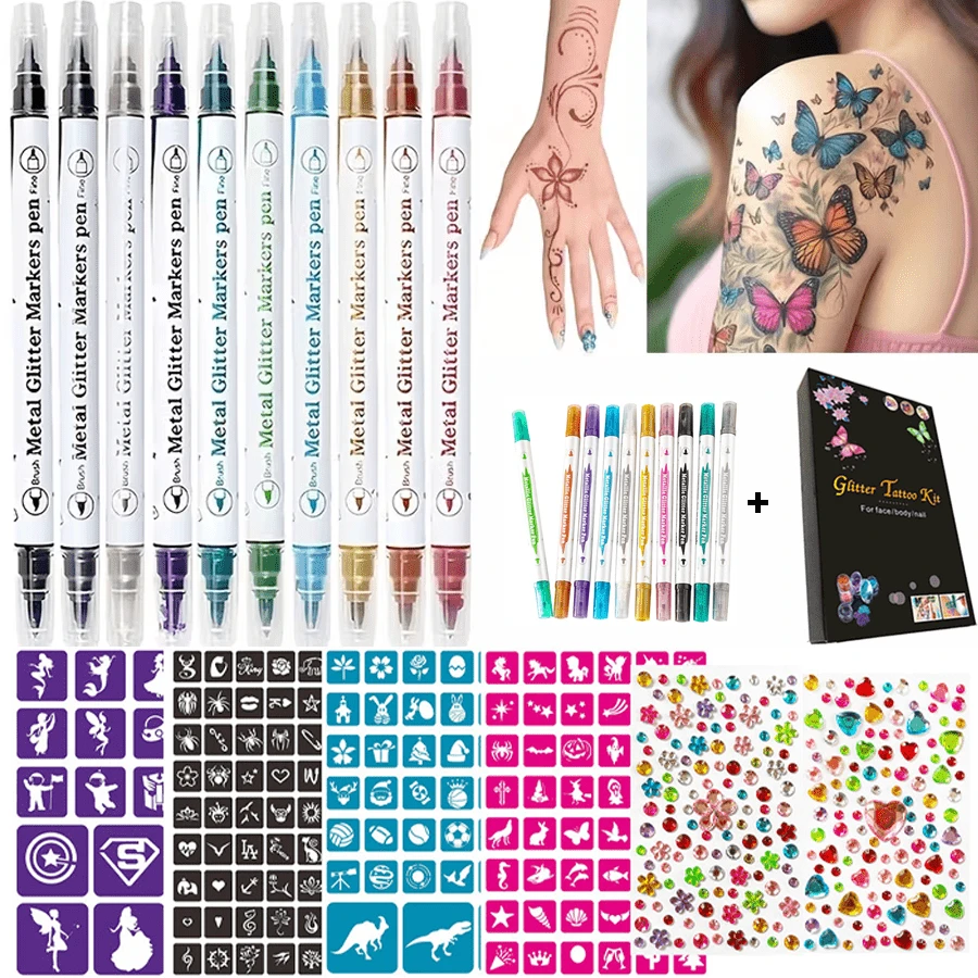 10 Colorful Double-Headed Temporary Tattoo Pens, Tattoo Templates + Tattoo Pen Sets, Both Ends Of Thick And Thin Lines Available, Suitable For Body And Facial Art, Decoration, Facial Makeup, Holiday Makeup And Dressing Gifts, DIY Making, Christmas Party Supplies, Creative Templates, Decorative Tattoos, High-Quality Fountain Pens, Double-Headed Markers, Makeup Templates, Tattoo Markers - Nhiều màu - Xem 1