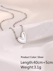 VceTd 1 件不锈钢链项链，带心形吊坠，嵌有白色亚克力切片，适合作为女性情人节礼物 - 銀色 - 查看 2