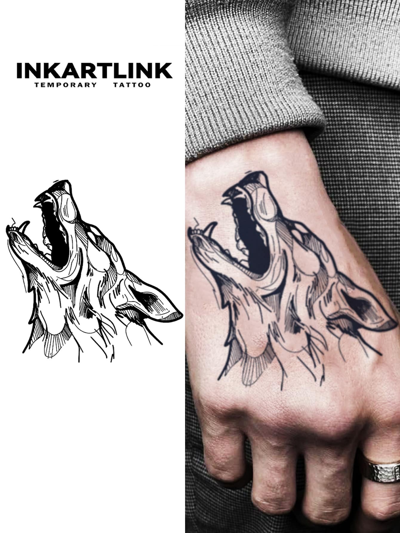 INKARTLINK 逼真狼头侧脸纹身贴纸 | 草本配方，持久15天 | 半永久性逼真假纹身贴纸 | 防水防汗时尚个性化贴纸 | 动物肖像人体彩绘 | 音乐节派对必备
