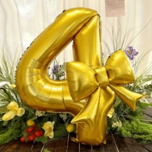 2个/套 32英寸粉色数字造型铝箔气球，带哑光蝴蝶结装饰，适用于生日派对、婚礼、户外活动、周年纪念、节日、感恩节、丰收季、情人节、圣诞节、派对庆典氛围营造和背景装饰 - 金色 - 查看 5