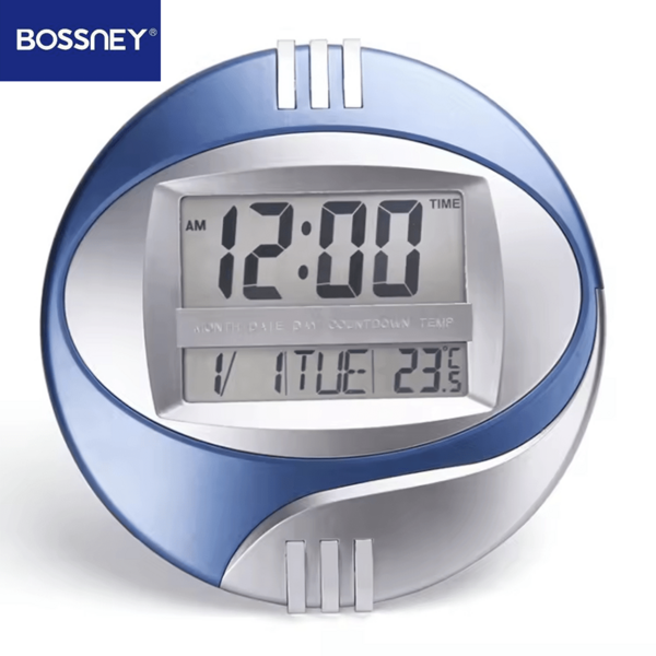 BOSSNEY Reloj Digital LCD - Doble Uso: Pared y Escritorio, Visualizador de Temperatura Dual (°c/°F), Temporizador Ascendente/Descendente, Reloj Despertador con Calendario de 200 Años para Hogar y Oficina