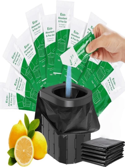 Juego de inodoro portátil con gel y bote de basura de emergencia para exteriores - Plegable y reutilizable, que incluye gel para heces y bolsas de basura de alta calidad para exteriores, adecuado para camping/senderismo, emergencias en el automóvil, viajes en caravana y preparación para desastres. El gel para heces y las bolsas de basura específicas para mascotas hacen que sea talla grande fácil que su perro se alivie en el exterior.