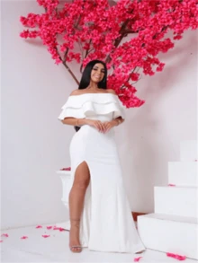 Formal Dress, Off-The-Shoulder, Thigh-Split Panty Dress-Up. - 白色 - 查看 1