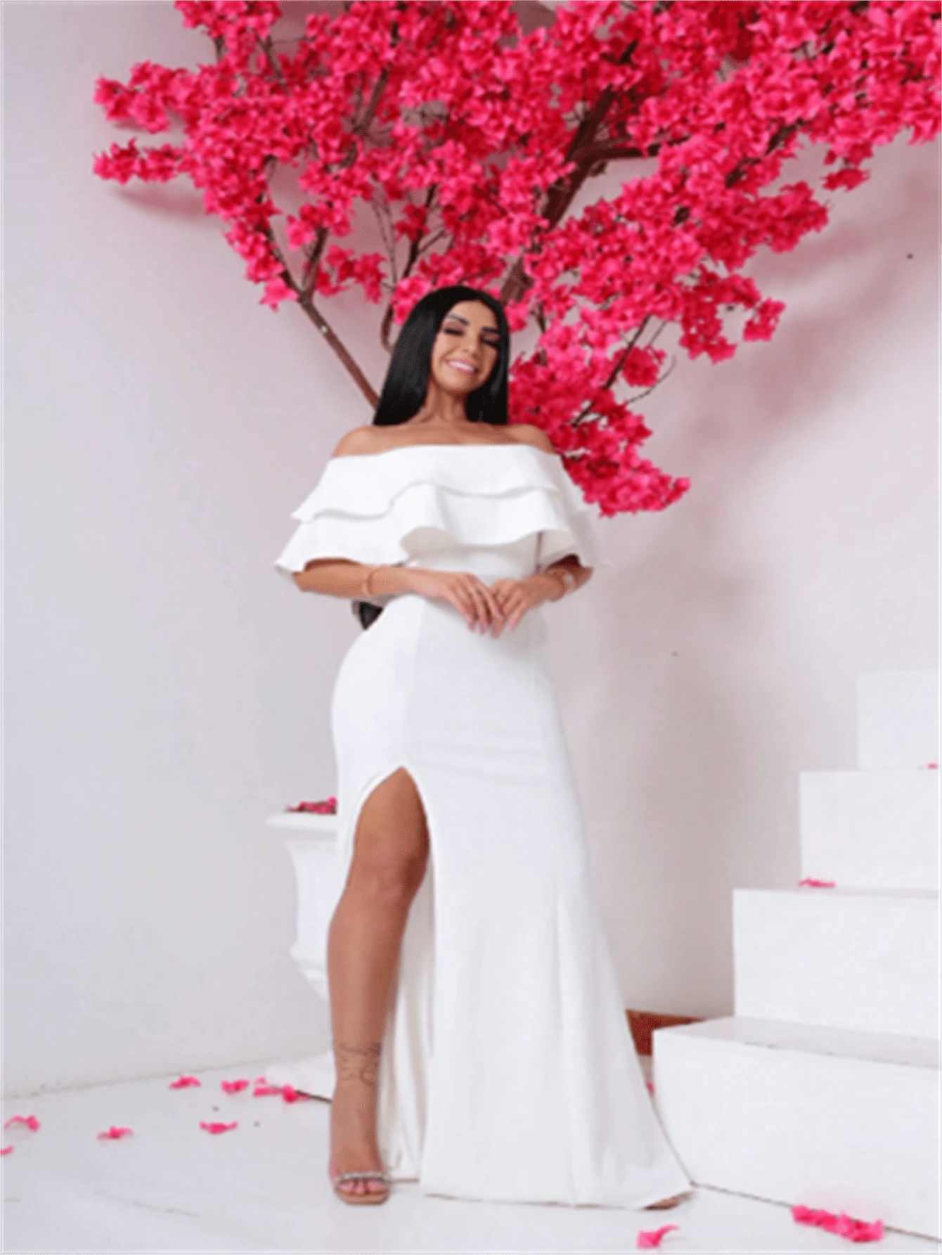 Formal Dress, Off-The-Shoulder, Thigh-Split Panty Dress-Up. - 白色 - 查看 1