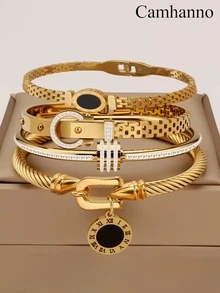 Camhanno 4pcs Exquisite And Fashionable Stainless Steel Bracelet Set, Elegant, Is The Perfect Choice For Showcasing Charm On Dates - Multicolor - View 20