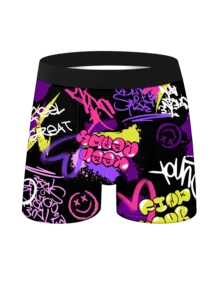 5pcs/Set Men's Fashion Graffiti Printed Shorts, Digital Print Men's Boxer Briefs, Funny Printed Boxing Briefs, Knitted Elastic Comfortable Breathable Men's Underwear, Breathable Skin-Friendly Fashionable Sports Briefs - Multicolor - View 5