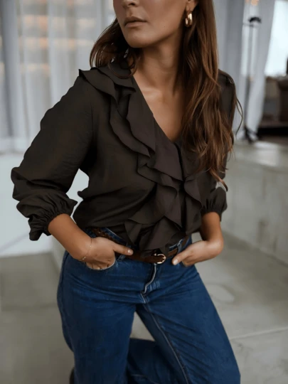 unicolor con volantes en el bajo, uso casual diario, minimalista para ir y venir, delicadamente femenino, elegante y femenino, adecuado para Halloween, Acción de Gracias, Año Nuevo, jersey de cuello en V de manga larga, calidad cómoda, usable en primavera/verano