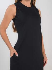 Women's Long Sleeveless Dress With Pockets And Side Slit, Elegant, Casual, Cotton - 黑色 - 查看 9