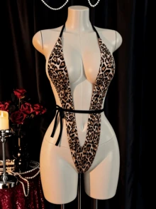 性感V领连体裤，弹力后背泳衣，性感豹纹连体裤，嘉年华 - 棕色 - 查看 1