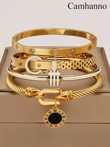 Camhanno 4pcs Exquisite And Fashionable Stainless Steel Bracelet Set, Elegant, Is The Perfect Choice For Showcasing Charm On Dates - Multicolor - View 17