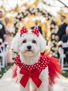 Christmas Pet Costume - Red & Polka Dot Tulle Dress With Puffy Sleeves, Button Closure, Elegant Holiday Outfit For Small Dogs & Cats Adorable Red Dog Dress With Breathable Tulle Skirt - Easy-Pull Head Design For Spring Summer Outfits, Puppy Party Costume For Small Medium Large Dogs - 紅色 - 查看 1