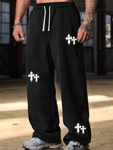 Skyrend 1pc Men's Cross Print Loose Casual Sports Pants, Drawstring Elastic Waistband, Street Style Loose Fit With Pockets Grunge - Black - View 4