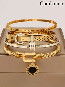 Camhanno 4pcs Exquisite And Fashionable Stainless Steel Bracelet Set, Elegant, Is The Perfect Choice For Showcasing Charm On Dates - Multicolor - View 8