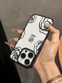 Flower 1pc Hand-Painted Rose Design, Minimalist Style, Fashionable Shockproof Phone Case Compatible With IPhone 17/17 Pro/17 Pro Max/16/11/13/15/15 Plus/15 Pro/15 Pro Max/12/14 Pro Max/11 Pro Max/12 Pro/12 Pro Max/13 Pro/13 Pro Max/14 Pro/14 Plus. - Black - View 4