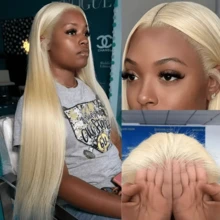 HJ WEAVE BEAUTY 180% Density 613# Blonde Straight Human Hair 13x6 Lace Front Wig HD Transparent Lace Wigs For Women Pre-Plucked Pre-Bleached Wig Natural Hairline With Baby Hairs - S613 - Xem 6