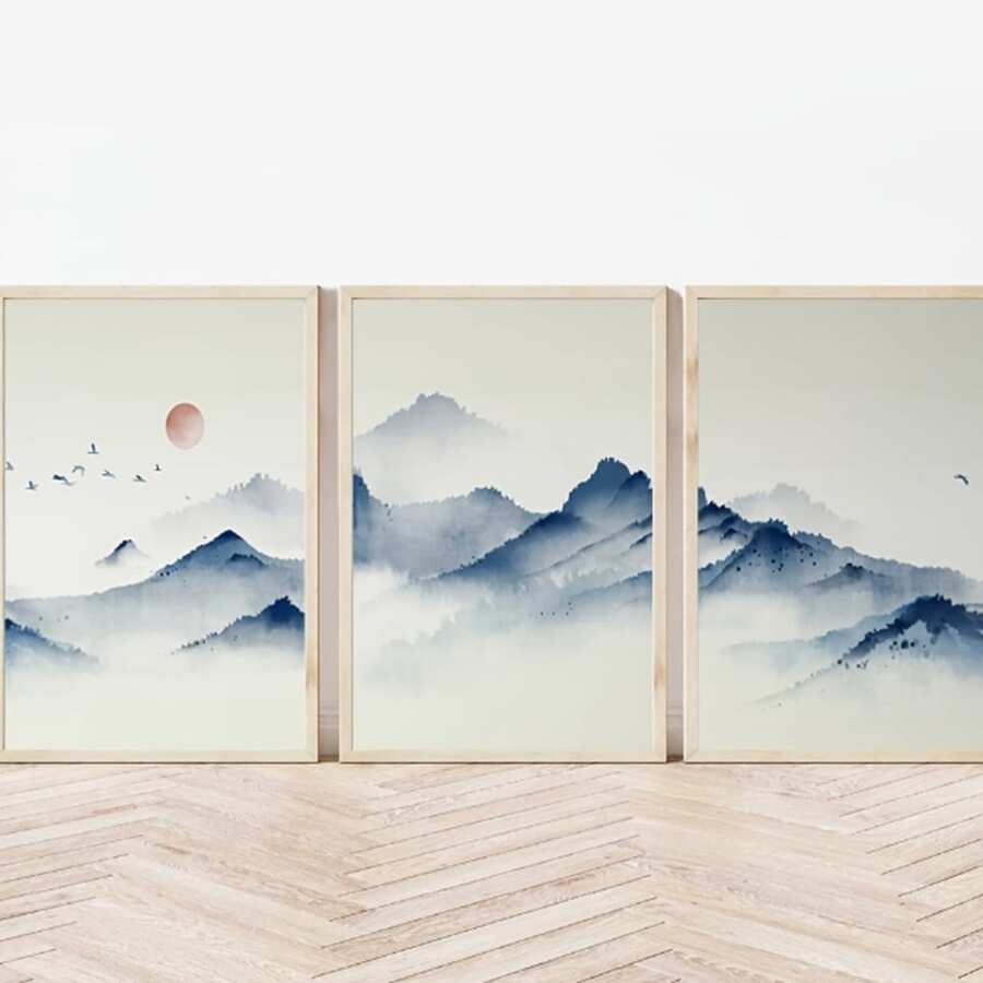 3幅帆布墙画海报，日式风景油画三联套装，中世纪现代复古风格无框山水画，适合客厅和卧室装饰，室内使用