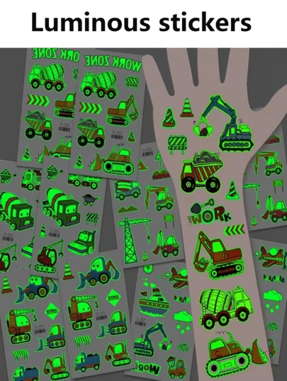 Glow-In-The-Dark Temporary Tattoos - Designs Include Construction Vehicles, Trucks, Fire Trucks, Bulldozers And Excavators. Suitable For Birthday Party Supplies, Gift Bags And Christmas Gifts. Waterproof Stickers, Rectangular, Lasting 2-5 Days. Fun Arm Stickers, Cartoon Y2K Stickers, Stationery Stickers, Perfect For Children's Day And Easter Gifts. Luminous Stickers.