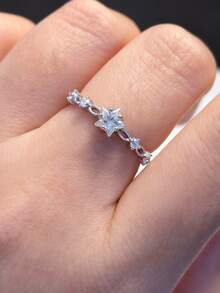 1枚S925纯银镶嵌合成立方氧化锆五角星女士戒指，优雅百搭，适合日常佩戴，波西米亚风格 - 銀色 - 查看 12
