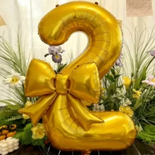 2个/套 32英寸粉色数字造型铝箔气球，带哑光蝴蝶结装饰，适用于生日派对、婚礼、户外活动、周年纪念、节日、感恩节、丰收季、情人节、圣诞节、派对庆典氛围营造和背景装饰 - 金色 - 查看 8