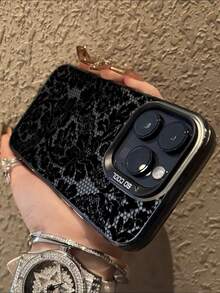 1pc Fashionable Personalized Lace Flower Printed Pattern With Independent Button IMD Shockproof Anti-Slip Black Phone Case Compatible With IPhone 16 ProMax/16/16 Pro/16 Plus/15/15 ProMax/15 Pro/11/12/13/14 ProMax/11 Pro/11 ProMax/12 Pro/12 ProMax/13 Pro/13 ProMax/14 Pro/14 ProMax, High-End Creative - Multicolor - View 2