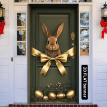 Pancarta vintage de porche de Pascua con conejo y lazo - Poliéster, apta para decoración primaveral de interiores y exteriores, fiestas, sin necesidad de electricidad, telón de fondo fotográfico multiusos, decoración de puertas, mariposa