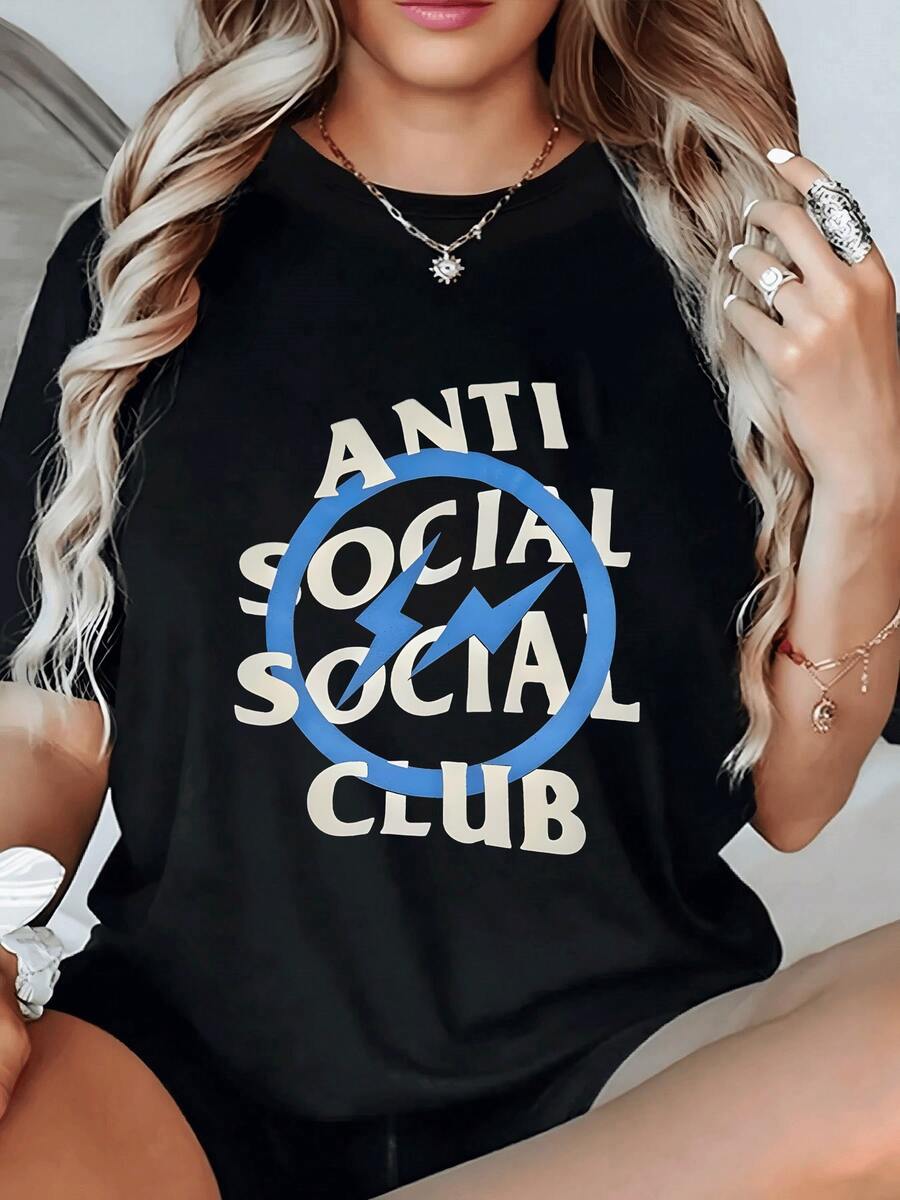 Bold Statement Graphic Expressing A Rebellious Anti Social Club Attitude With Striking Blue Crossedout Mark Symbol Women's 100% Cotton Tshirt - 黑色 - 查看 1