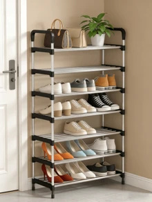 Caja de Almacenamiento Multifuncional para Zapatos de Acero Inoxidable de 4/5/6/7 Capas en Negro y Rosa - Estante de Zapatos con Manijas - Solución de Almacenamiento en el Hogar, Ahorro de Espacio, Rack Decorativo Ajustable para Dormitorio, Cocina, Baño, Alquiler, Entrada, Porche, Armario y Pasillo - Negro - Ver 12